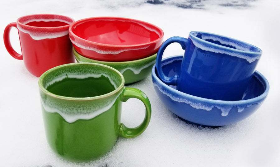 Red, Green, Blue mugs and bowls in Snowcap by The Fiesta Tableware Company